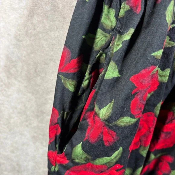 Old Navy Dress Women XXL Black Red Rose Puff Sleeve Smocked Waist Tie Back Boho - Picture 4 of 9